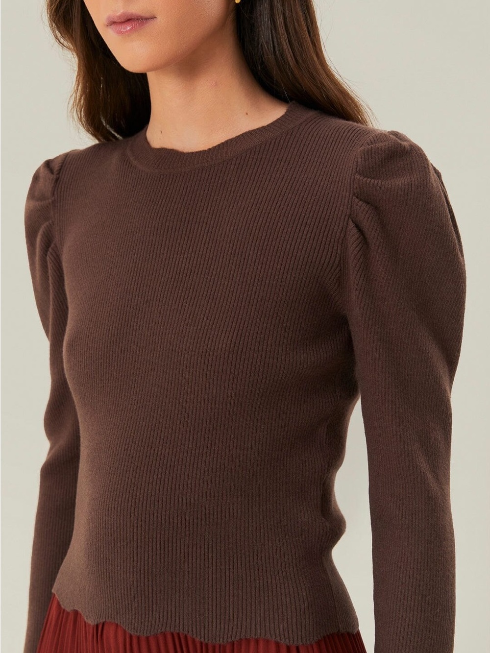 FARM Rio Chocolate Brown Puff-Sleeve Ribbed Top - Picture 2 of 4